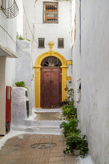 house door with whitewashed facades and plants outside