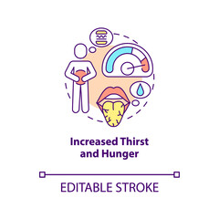 Increased thirst and hunger concept icon. Wanting to eat. Need of food and water. Getting meal and drink abstract idea thin line illustration. Vector isolated outline color drawing. Editable stroke