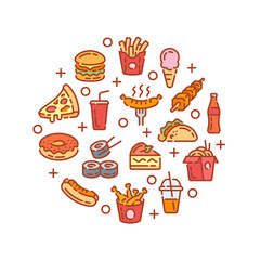 Round design with fast food and drink elements isolated on white background. Vector illustration.