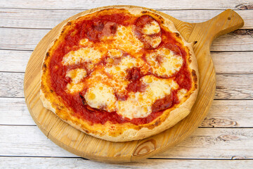 Spanish thin crust diavola pizza with chorizo from cantimpalos