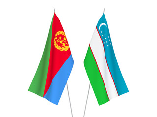 National fabric flags of Uzbekistan and Eritrea isolated on white background. 3d rendering illustration.