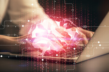 Multi exposure of woman hands working on computer and human brain hologram drawing. Ai tech concept.