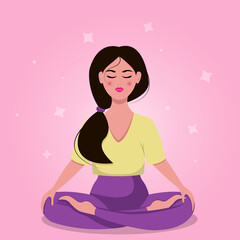 Fototapeta na wymiar girl meditates on a pink background