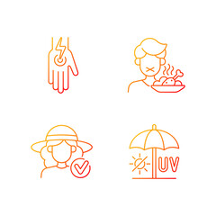 Sunstroke and sunburn gradient linear vector icons set. Heatstroke symptoms. Cramp in body. Avoid UV exposure. Thin line contour symbols bundle. Isolated vector outline illustrations collection