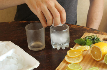 A European man puts a piece of ice in a glass to make a gin and tonic cocktail for two. Gin and...