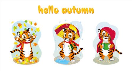 Concept hello autumn 2022. Vector illustration of tiger cubs from autumn months