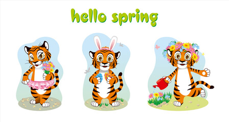 Concept hello spring 2022. Vector illustration of tiger cubs from spring months