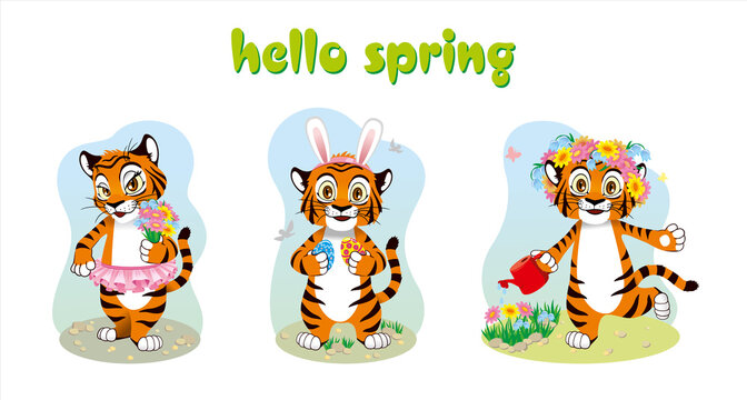 Concept hello spring 2022. Vector illustration of tiger cubs from spring months