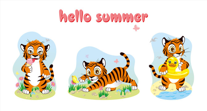 Concept hello summer 2022. Vector illustration of tiger cubs from summer months