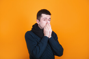 Man cover his sneeze with handkerchief. Flu. influenza, runny nose, sneeze