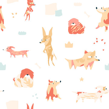 Funny dogs filled with abstract shapes. Cute pets seamless pattern. Pop art illustration with chihuahua, comondor, dachshund. Characters in naive style, crown, star, texture.
