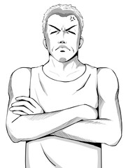 漫画風_腕を組んで怒る頑固おじさん_縦