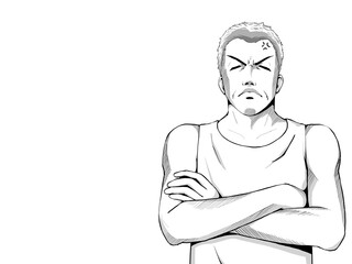 漫画風_腕を組んで怒る頑固おじさん_横_横