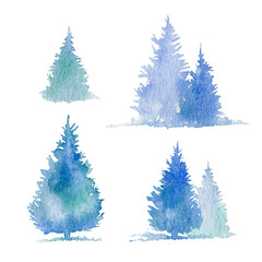Spruce border.Coniferous forest.Watercolor hand drawn illustration.White background.	
