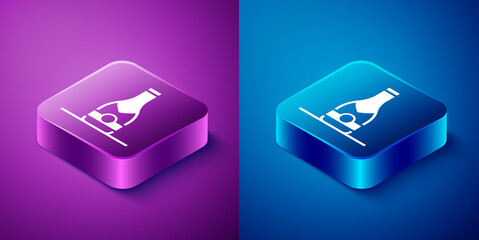 Isometric Champagne bottle icon isolated on blue and purple background. Square button. Vector