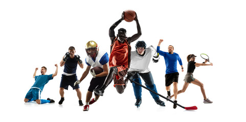 Sport collage. Hockey, soccer and american football, volleyball players isolated on white studio background.