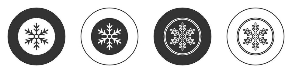 Black Snowflake icon isolated on white background. Merry Christmas and Happy New Year. Circle button. Vector