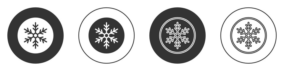 Black Snowflake icon isolated on white background. Merry Christmas and Happy New Year. Circle button. Vector