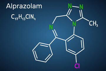 Alprazolam, molecule. It is benzodiazepine, short-acting tranquilizer with anxiolytic, sedative-hypnotic, anticonvulsant activities. Dark blue background. Vector illustration