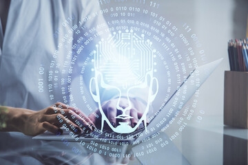 Double exposure of woman hands working on computer and brain hologram drawing. Ai concept.