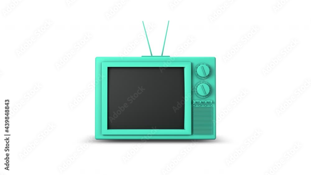 Poster close up 3d green television cartoon mock up with no signal display and rotating tuner switch motion