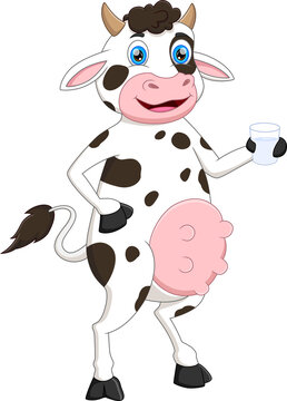 cartoon cute cow holding a glass of milk