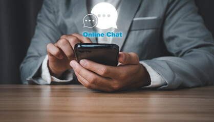 Communication conversation and information of people Businessmen use smartphone to remotely send messages to social media can chat, call, express feelings long distance around the world the Internet