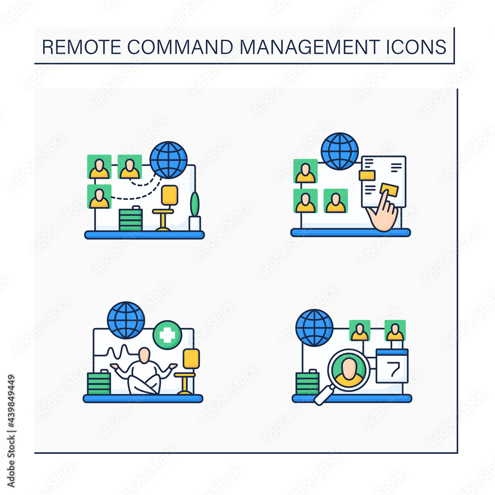 Poster remote command management color icons set. virtual office, interactive documents, work conditions, d