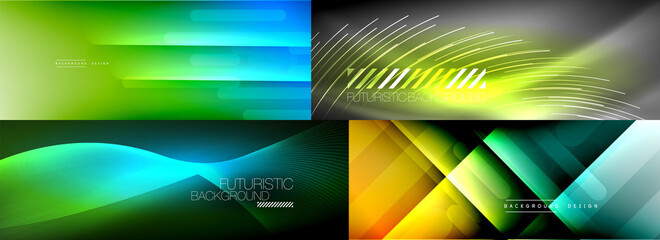 Set of shiny glowing neon lights and lines in the dark. Modern techno abstract background