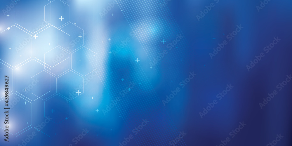 Poster blue vector background with hexagon shapes and parallel lines. technology, science, communication an