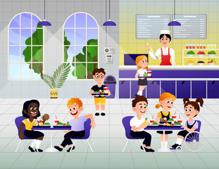 Cartoon kids eating breakfast at school. A vector illustration of elementary students eating lunch in cafeteria