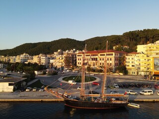 Aerial View Old Wooden Antique Pirate Ship With British, United kingdom Of Great Britain And...