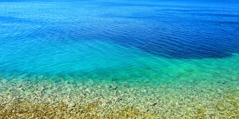 Beautiful colors of sea, blue shades, view on island Rab, Croatia