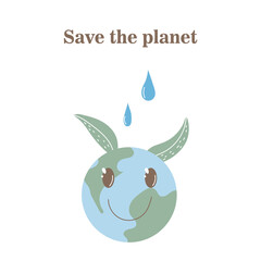 Let's save our planet. Vector illustration on white background. A smiling earth globe. Lettering