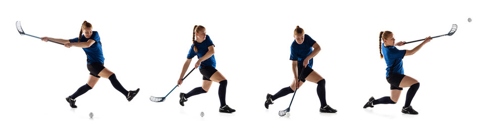 Floorball female player isolated on white studio background. Action and motion, movement, healthy lifestyle and overcoming concept.