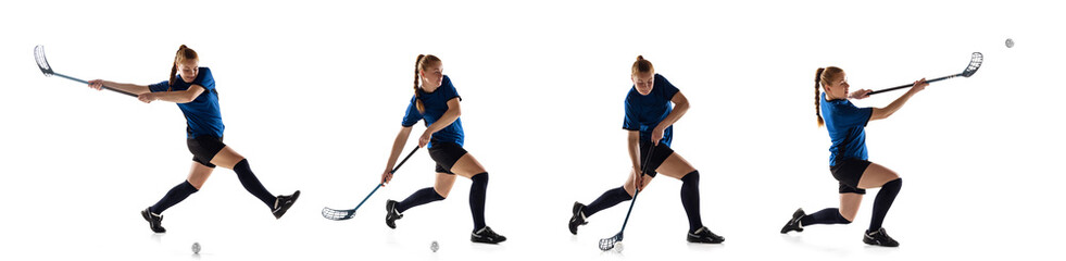 Obraz premium Floorball female player isolated on white studio background. Action and motion, movement, healthy lifestyle and overcoming concept.