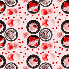 Seamless square pattern with cakes and fruits in pink tones