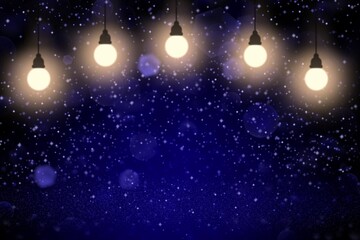 Fototapeta na wymiar blue pretty shiny glitter lights defocused light bulbs bokeh abstract background with sparks fly, holiday mockup texture with blank space for your content