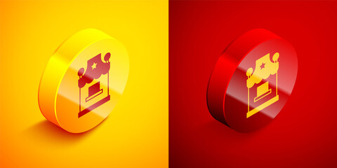 Isometric Ticket box office icon isolated on orange and red background. Ticket booth for the sale of tickets for attractions and sports. Circle button. Vector