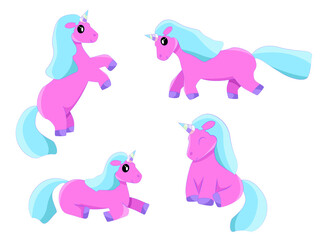 Set of pink unicorns in different poses. Flat vector illustration