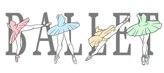 Ballet set. Ballerina in pointe shoes and a tutu. Dancer's legs. Line art. © Rina Antipina