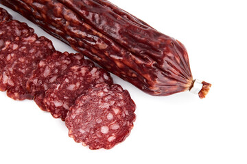 Salami smoked sausage piece isolated on white background. Salami, salami smoked sausage. Smoked meat. Meat products. Ingredients for the sandwich.