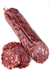 Salami smoked sausage piece isolated on white background. Salami, salami smoked sausage. Smoked meat. Meat products. Ingredients for the sandwich.