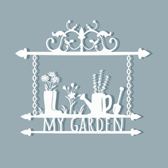 rubber boots with daisies, lavender watering can, garden, garden shovel. laser cut design. vector. eps