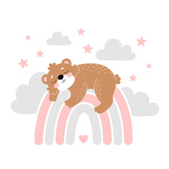 Baby room poster with cute sleeping bear on the rainbow. Simple vector illustration isolated on white background
