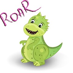 Cute dinosaur on a white background. Isolated. The inscription roar in pink. A funny childish picture with a reptile. Green Dragon. Illustration. Vector