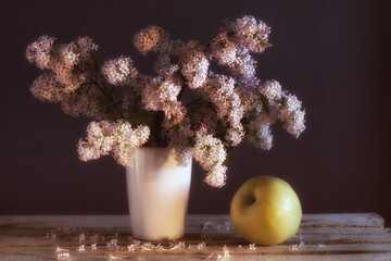 still life with flowers and apples