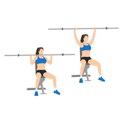 Fototapeta na wymiar Woman doing Barbell shoulder press. overhead press exercise. Flat vector illustration isolated on white background