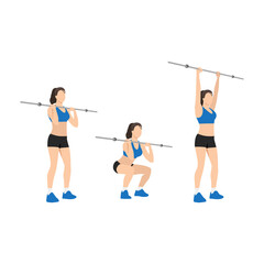 Fototapeta na wymiar Woman doing Barbell push and press exercise. Flat vector illustration isolated on white background