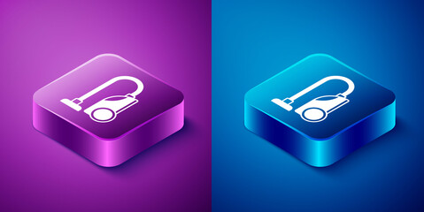 Isometric Vacuum cleaner icon isolated on blue and purple background. Square button. Vector